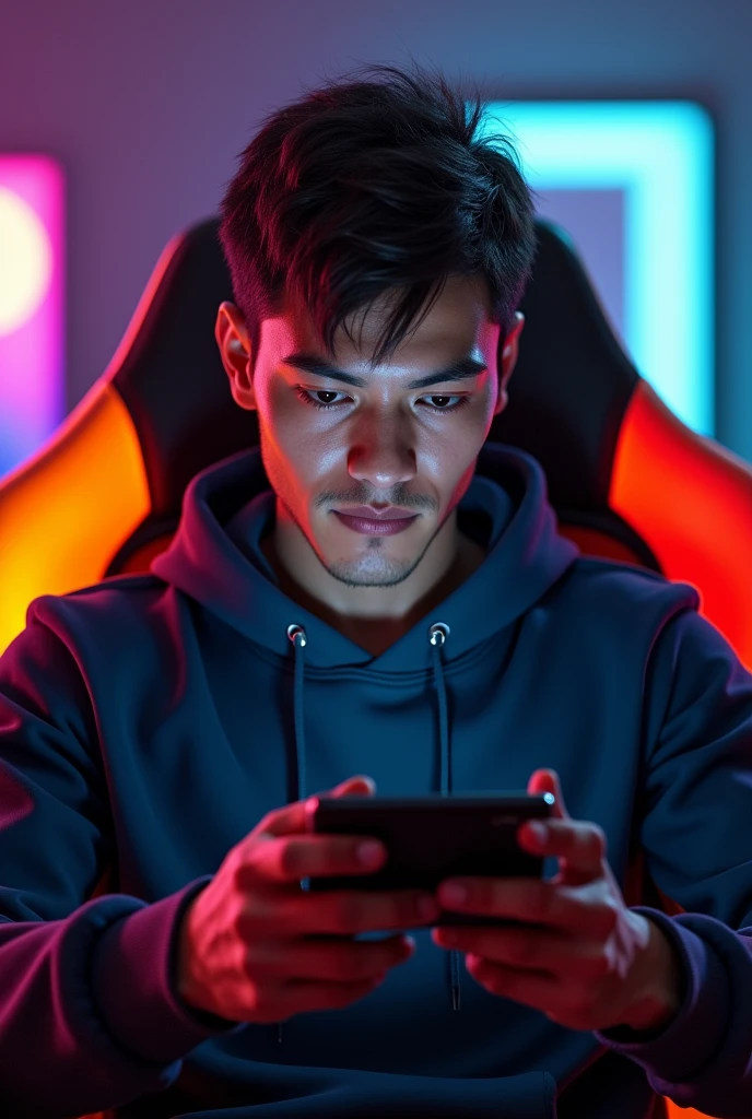 Create a male character while playing gaming in phone, sit on gaming chair ,with colour
black, orange, red, and yellow