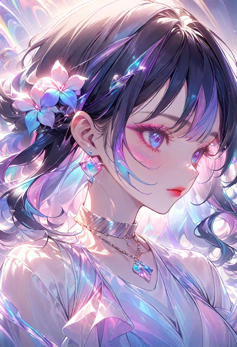 Create an elegant anime-style portrait of a young woman with short, black hair adorned with vibrant, colorful flowers, including pink and purple orchids. The woman should have a soft, delicate expression with light makeup, featuring red eyeliner and pink lips. Her gaze should be slightly downward. She is wearing a stylish, modern outfit with a semi-transparent top in pastel colors, reflecting a combination of pink, blue, and purple hues. Her accessories include a large, gold choker necklace, long blue earrings, and her nails are painted in a matching shade of blue. The background should have a soft, abstract design with warm lighting and subtle, multicolored reflections that complement the overall color scheme of the image