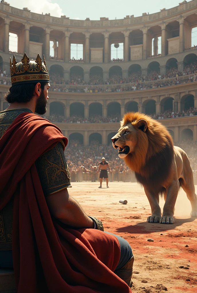 king watching a gladiator with axe and lion fight in a colleseum