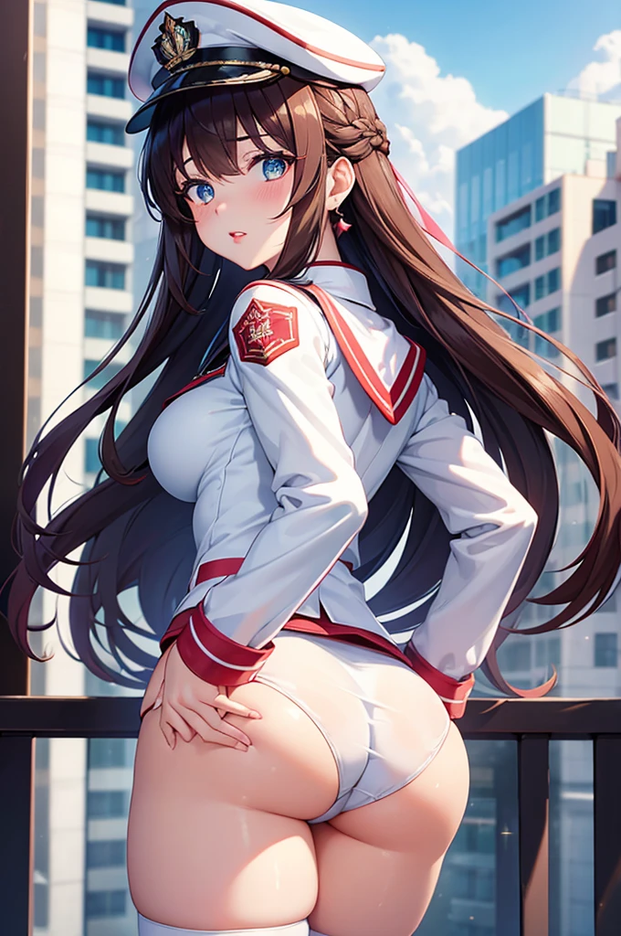 A beautiful 20 year old girl in uniform posing on a balcony with a hat, anime girl, she looks back, military hat, red puffy miniskirt, white blazer, white stockings, big round breasts, cute ass, white panties, standing, blue sky, looking back at viewer, dark brown hair, long red bangs, french braid, long hair, wavy hair, shiny hair, hairclip, hair ribbon, aqua eyes, glowing eyes, pupils sparkling, earrings, blush, puckered lips, confused, red lips, high detail, anime, anime style, depth of field, dithering, image fill, from behind, from below, from side, perspective, lens flare, Wide-Angle, f/1.8, 85mm, Nikon, 8k, super detail, UHD, retina, masterpiece, accurate, anatomically correct, textured skin, best quality, highres, 16k