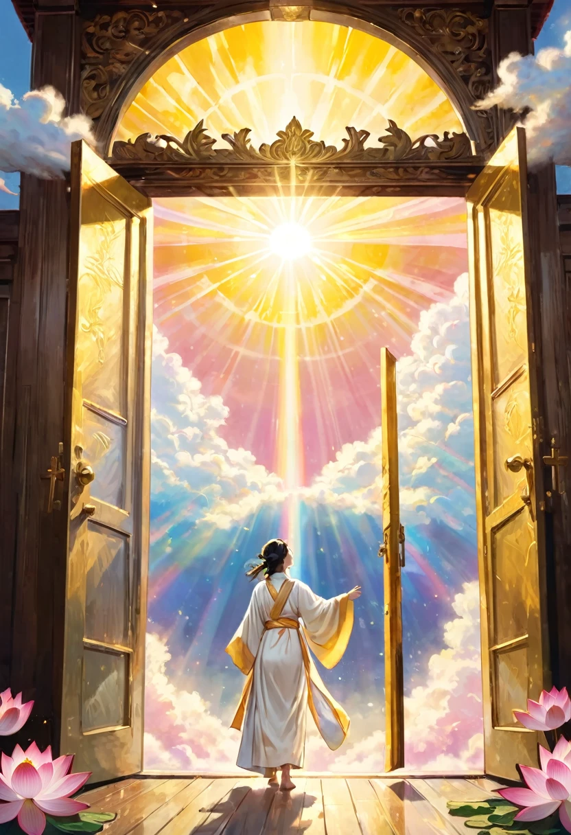 Look up from below. A golden antique door opens wide. Filled with golden light. Above the clouds. Behind the door is a lotus blooming in golden yellow and pale pink. Cross the Rainbow Bridge. People in white robes cross to the other side of the door.