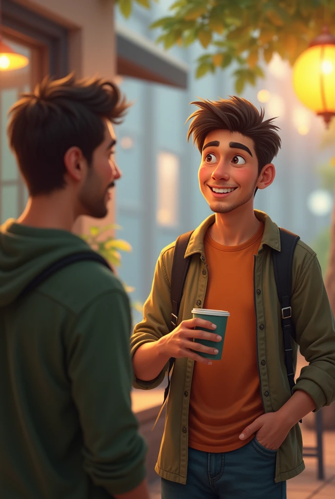 a 20 years real old boy standing with smiley face and telling something his friend. Image size 9:16