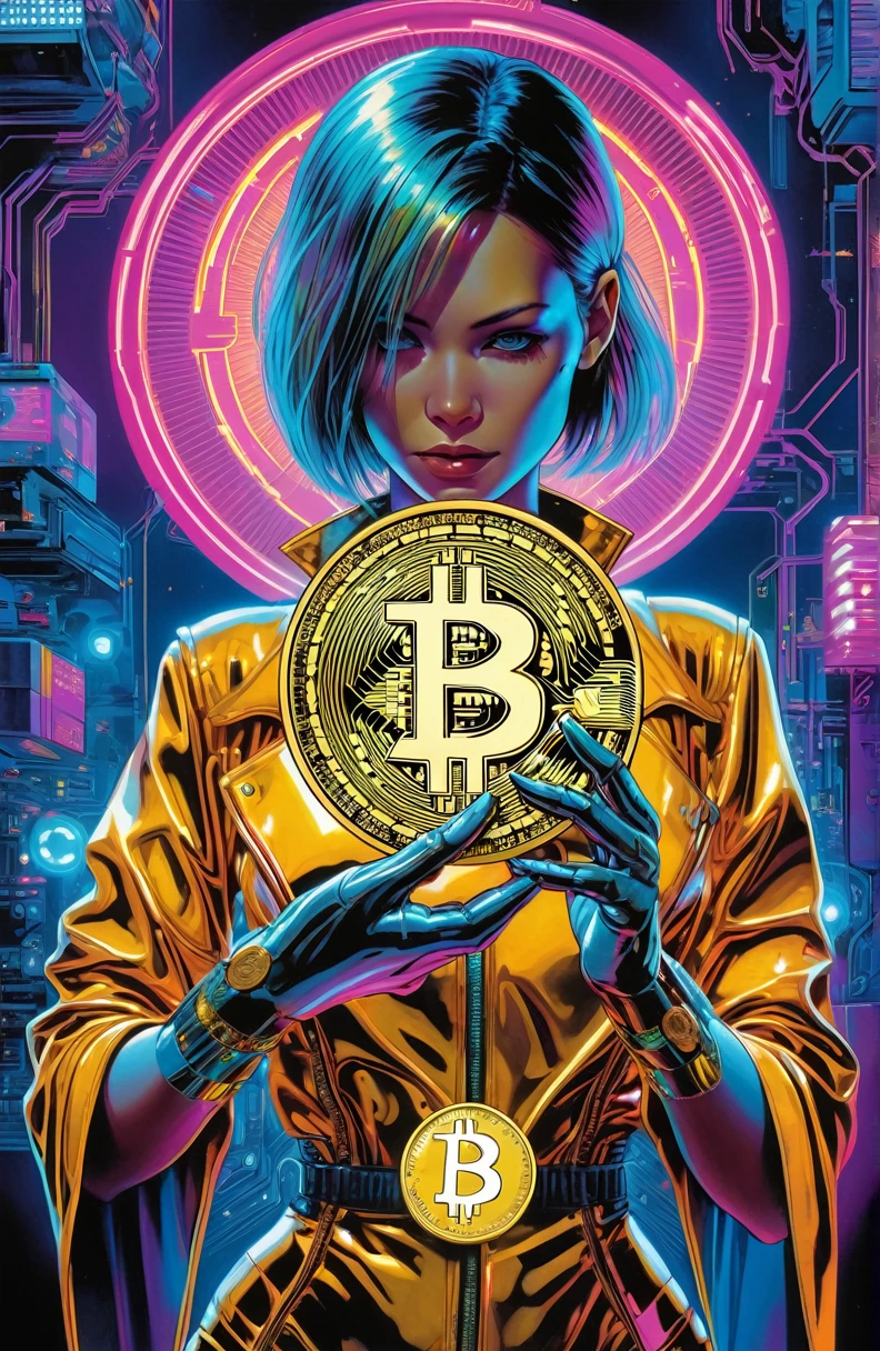 poster of a female cyberpunk cyborg hands holding a golden coin of bitcoin , artwork by Hajime Sorayama and keith parkinson, vibrant colors, lasers, neons, vibrant colors,