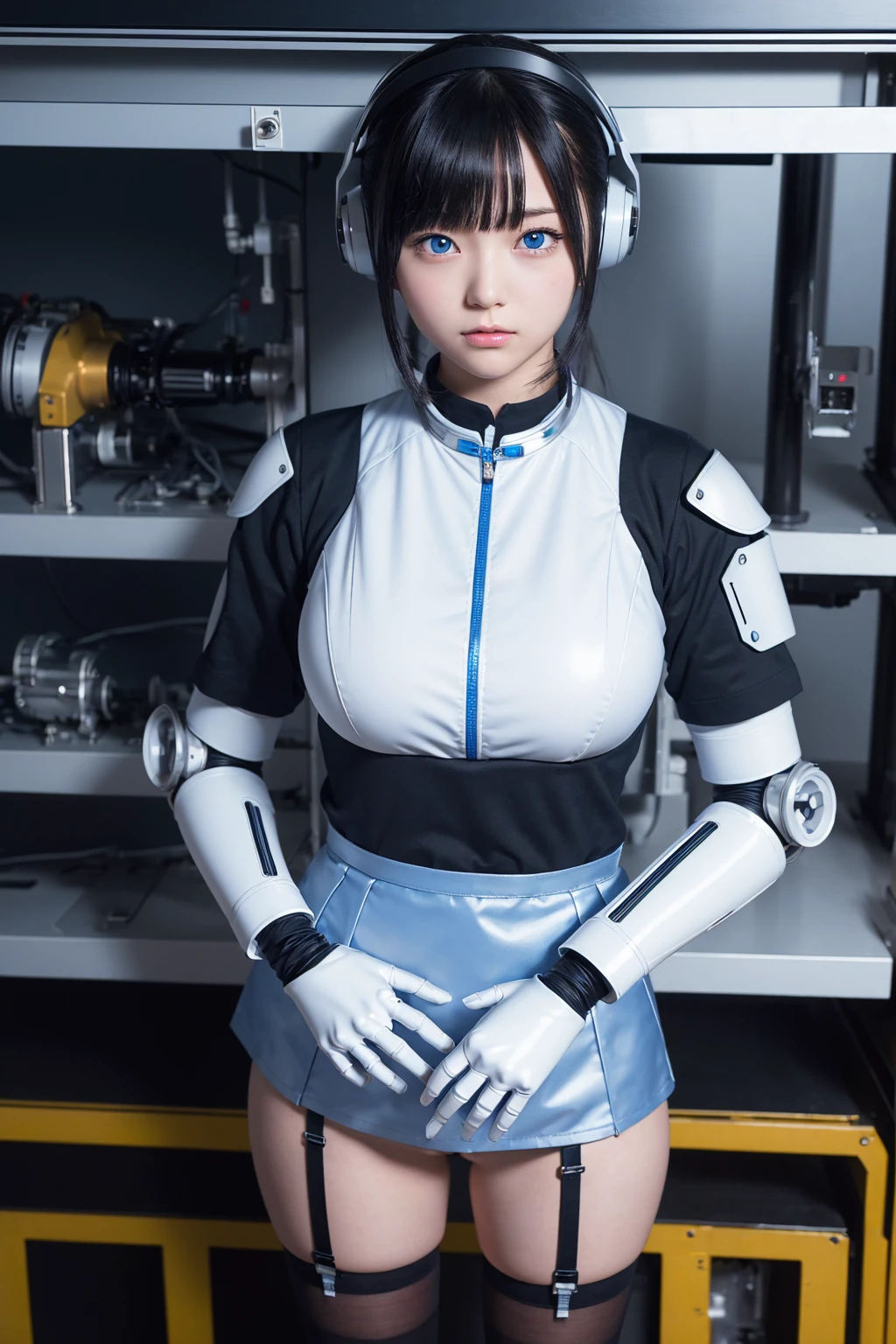 masterpiece, best quality, extremely detailed, Japanese android girl,Plump ,control panels,Mechanical Hand,Robot arms and legs, robot assembly plant,white robot body,blunt bangs,skirt,black knee high socks,blue  eyes