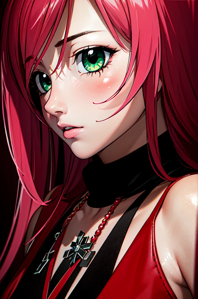 (Abstract art:1.4), masterpiece, Highest quality, Ultra-high resolution, beautiful, Visually stunning, elegant, Amazing details, Dark Art, (Dark Red Theme:1.3), Award-winning paintings, One girl, Bleeding, Rain of blood, dark, Depressing, View your viewers, Side view, beautiful girl, pink hair, green eyes