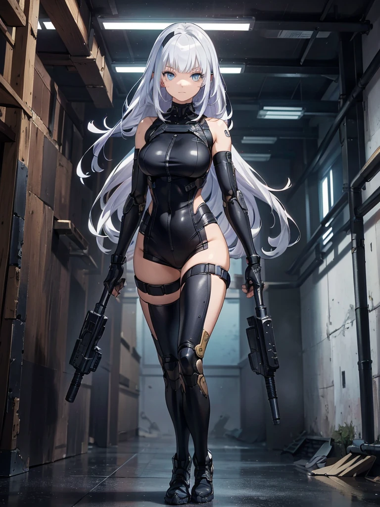 (masterpiece, Highest quality), (Perfect athletic body:1.2), (Detailed Hair), Very detailed, Anime Style, whole body, Cyberpunk Girl, alone, Long Hair, Silver Hair, Turquoise Eyes, (masterpiece, Highest quality, figure)++, Beautiful detailed girl, Very detailed++, From above, Cyber High Tech Boots+, anger, Bored face, Hair between the eyes, bangs, Eyebrows visible through hair, whole body, Mechanized limbs++, whole body, Unusually huge gauntlet++
