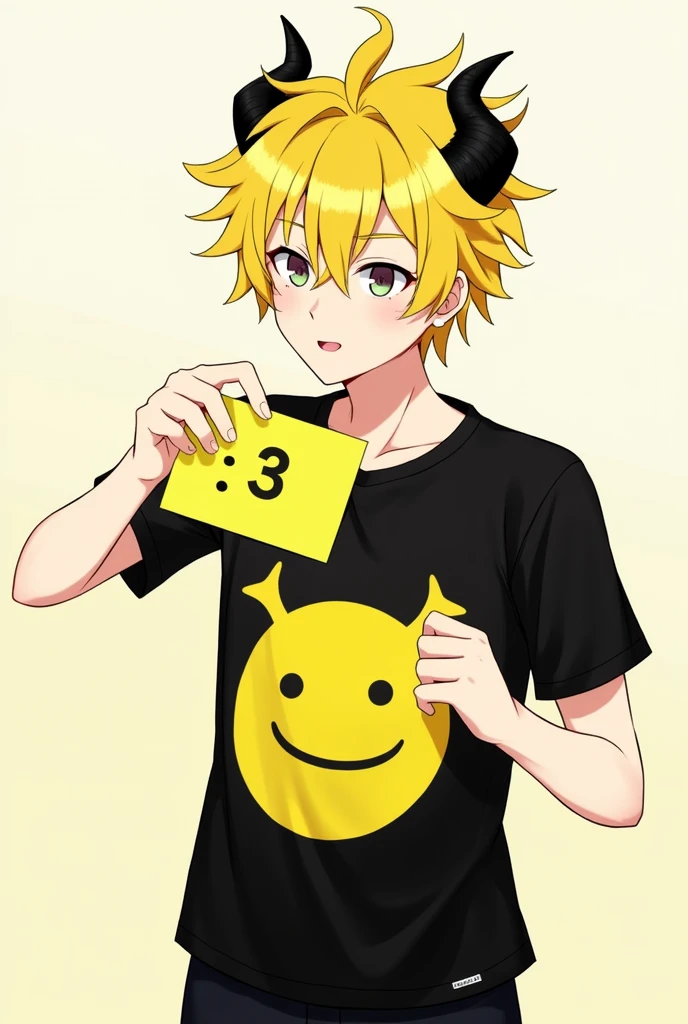 Genre:male'yellow hair,with a yellow paper with a face of :3,with horns and a black line in the hair,black short sleeve shirt with a yellow face,Black pants