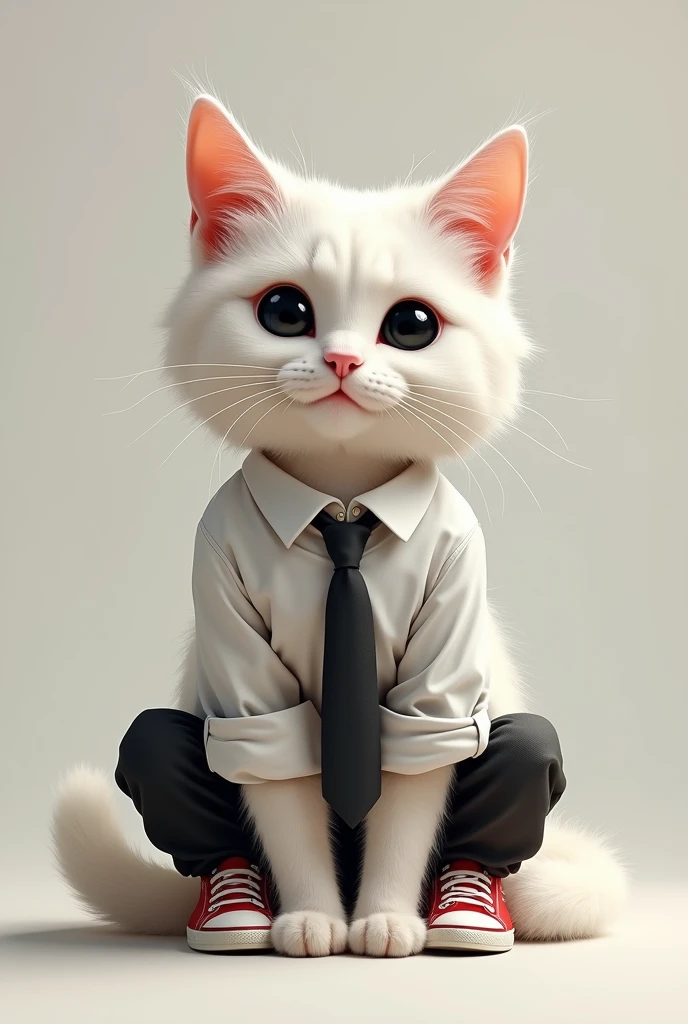 Spawns a white cat with black eyes, white shirt with sleeves rolled up, tie, black pants and red sneakers, realista porfavor y que este sitting in cat pose, sitting in cat pose!!! Let it be hairier too