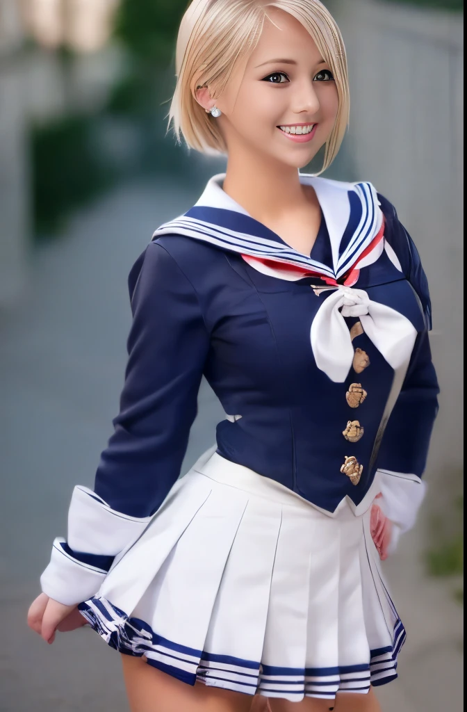 Close up, 1 girl, sailor,, (sailor chiseki uniform:1.2), (aqua eyes:0.9), blonde hair, medium hair, wedge skirt, best quality, earrings, masterpiece, high resolution, intricate details, (realistic)), photography, (white elbow gloves:1.1), jewelry, medium breasts, full body, dynamic background, dynamic pose, white