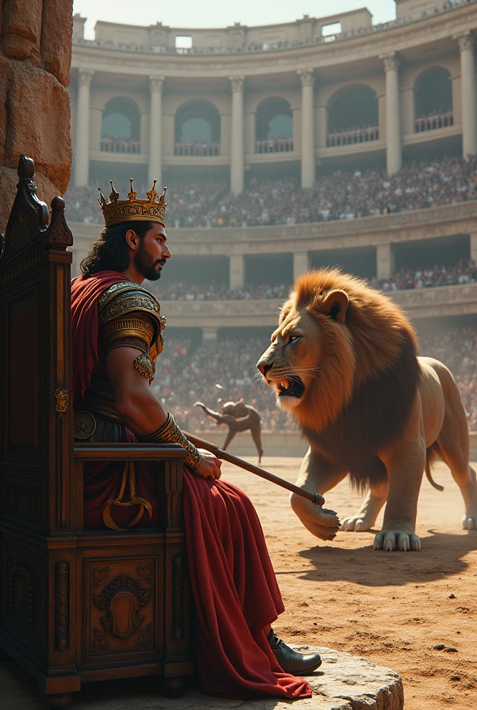 king at throne watching a gladiator with axe and lion fight in a colleseum