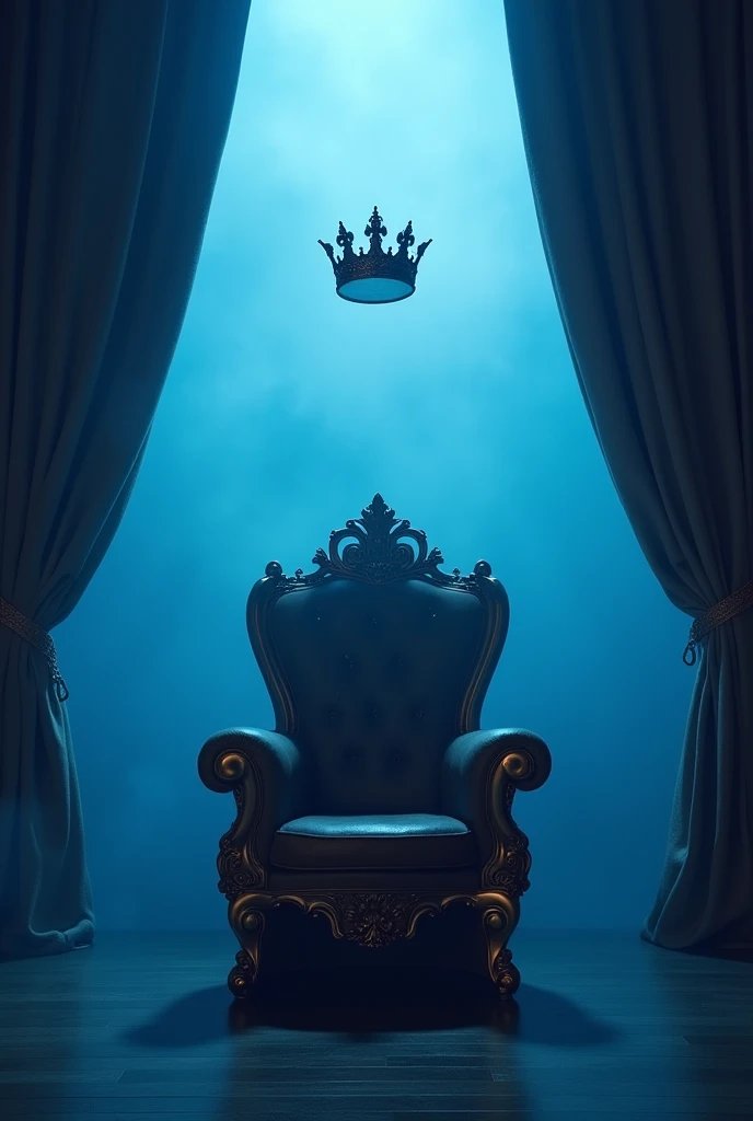 A royal chair with a crown in the air above and a blue foggy background with curtains
