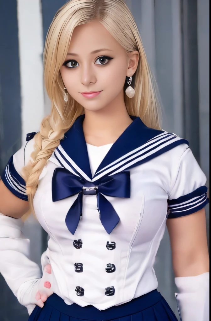 Close up, 1 girl, sailor,, (sailor chiseki uniform:1.2), (aqua eyes:0.9), blonde hair, medium hair, wedge skirt, best quality, earrings, masterpiece, high resolution, intricate details, (realistic)), photography, (white elbow gloves:1.1), jewelry, medium breasts, full body, dynamic background, dynamic pose, white