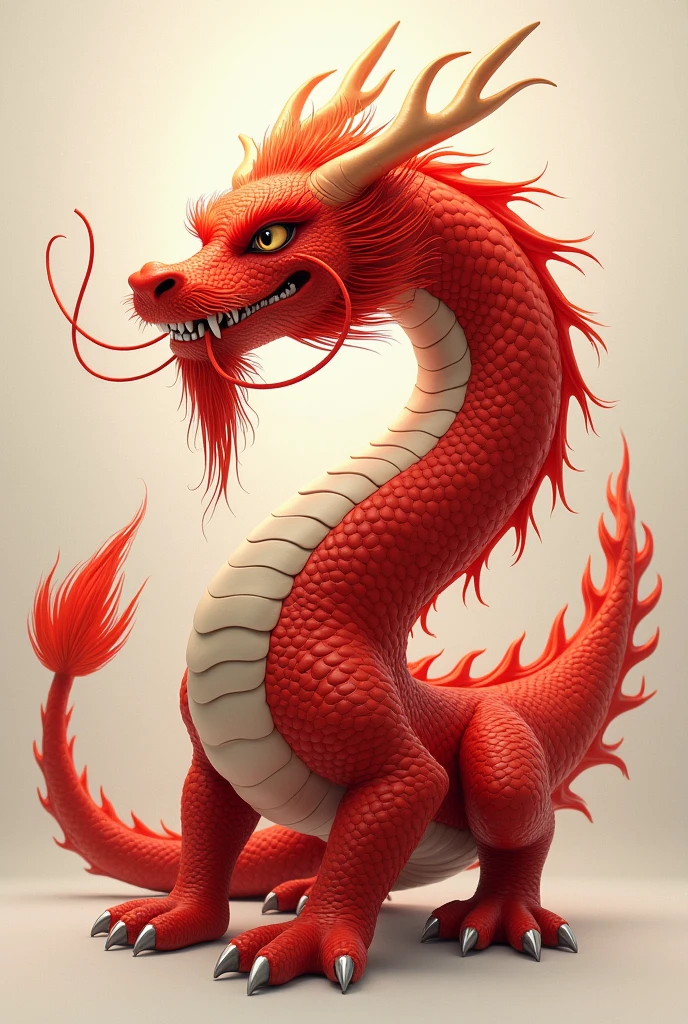 1 red asian dragon,whole body red cream horns red mane always red beard always 4 legs,more beautiful