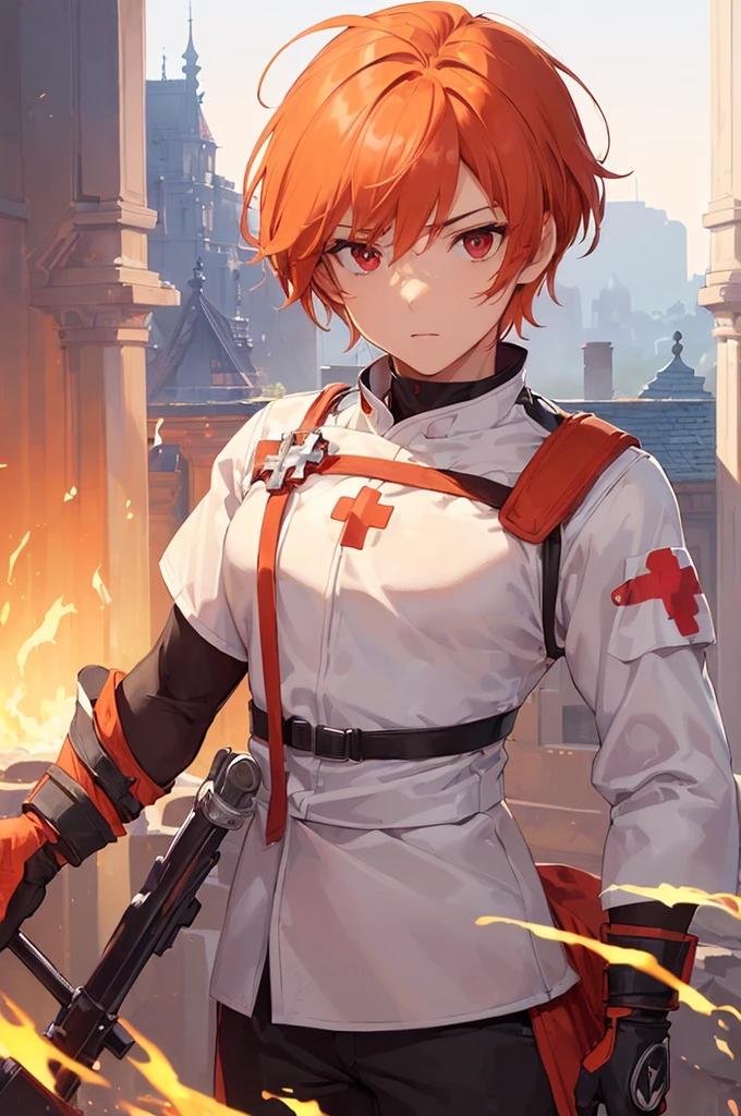 (((masterpiece; best quality: 1.2))), (finely detailed eyes: 1.3), ((1 young man)), ((solo)), (red eyes: 1.4), (body shape; lean, masculine: 1.3), (very short orange hair: 1.3), (beautiful and clear background: 1.2), ((depth of field)), (equipment: fantasy white adventurer medic long-sleeve uniform + armband with red cross + gloves: 1.3), (anime illustration: 1.2), (background composition; palace gardens + day: 1.1), (extremely fine and handsome: 1.1), (shot composition; standing + centered on face + bust close-up: 1.5), (facial expression; calm, stoic: 1.2)