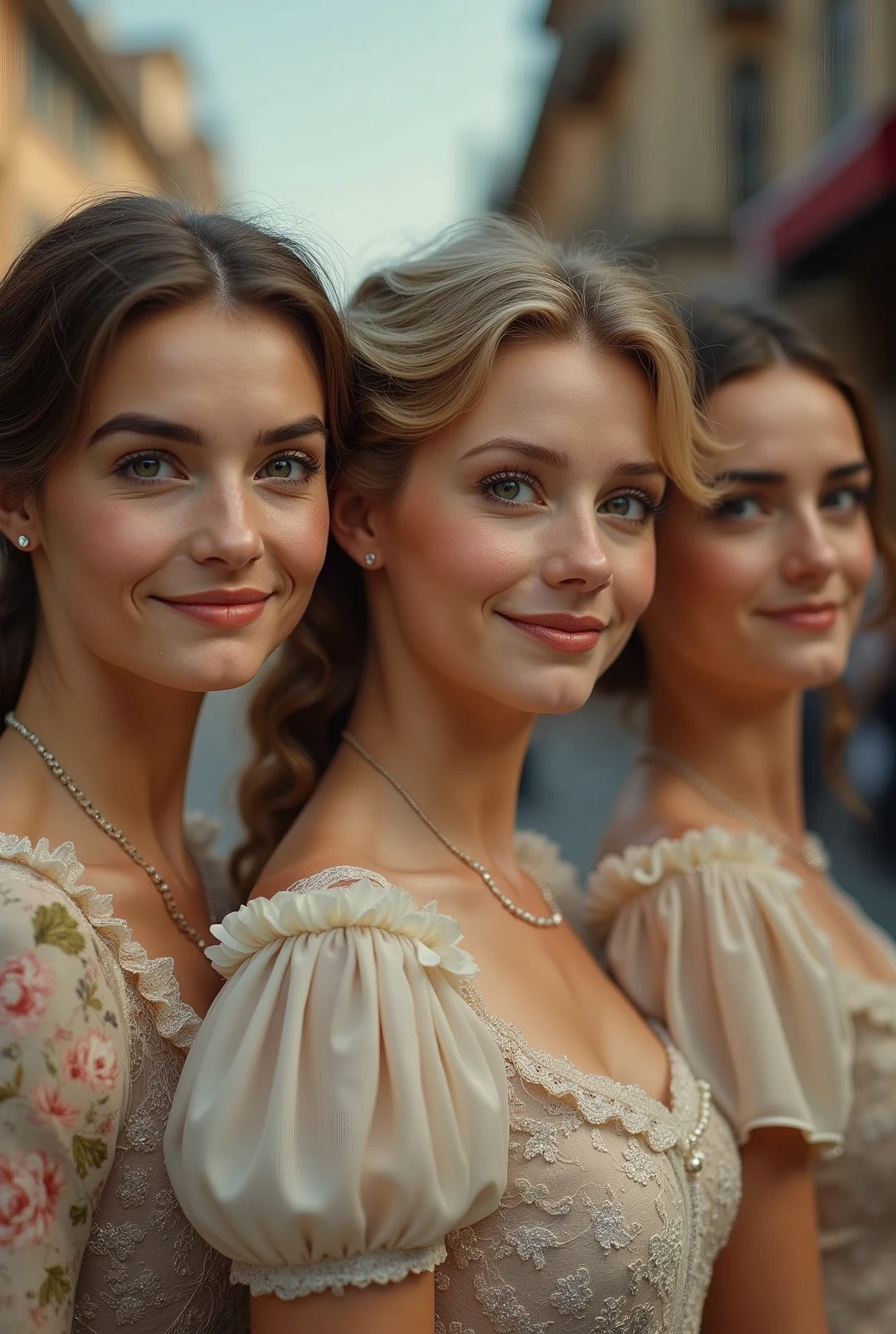 A digital portrait photo of 4 sweet smiling women perceived as 25 years old Elizabeth II and Maude Adams and Sandra Bullock in the late 1800's Batavia City, masterpiece, perfect face, perfect eyes, insanely detailed and intricate, natural light, super detailed, high resolution, vibrant, full color, 4K, 8K high Definition, ultra realistic, hyper maximalist, sharp focus, chic photograph.
