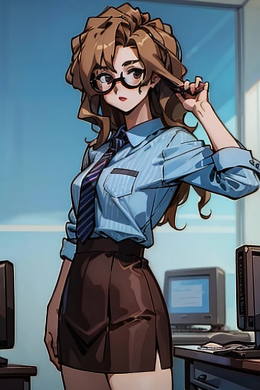 high quality, masterpiece, Detailed Image, Young woman, Kiriyu Moeka, brown office skirt,sky blue shirt, Breasts size 6,skirt with vertical stripes, Glasses, cute face, красивая Young woman, Kiriyu Moeka стоит в офисе, thin tights, Young woman одета, light brown hair, striped office skirt, Young woman упала на колени