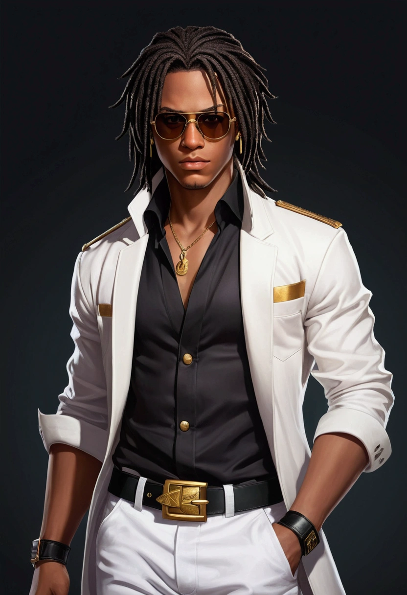 Dark-skinned young man with brown eyes and a black jacket., Black dreadlocks, Black glasses, Hairstyle with dreadlocks, in human style, colorful sketch, unrealistic character concept, Conceptual portrait of my character, подробный character portrait, anime style character, anime style portrait, character portrait, cel - shaded art style, Her outfit consists of black, unbuttoned jacket with gold buttons on the front and bottom of the sleeves, he wears a white V-neck shirt., White pants, large black belt with gold buckle, smaller black belt, hanging from the side of her hip, and he's wearing beige shoes with black buckles, вдохновение King of Fighters