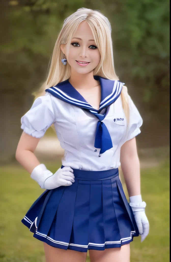 Close up, 1 girl, sailor,, (sailor chiseki uniform:1.2), (aqua eyes:0.9), blonde hair, medium hair, wedge skirt, best quality, earrings, masterpiece, high resolution, intricate details, (realistic)), photography, (white elbow gloves:1.1), jewelry, medium breasts, full body, dynamic background, dynamic pose, white