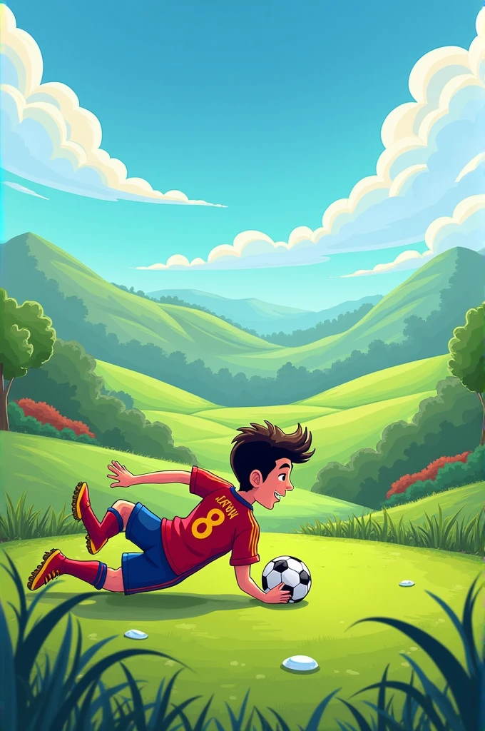 A landscape pic of a animated football player who is in a Espana national football team jersey who is overturned and his name is "AADIL ZAYN" and jersey number "8"