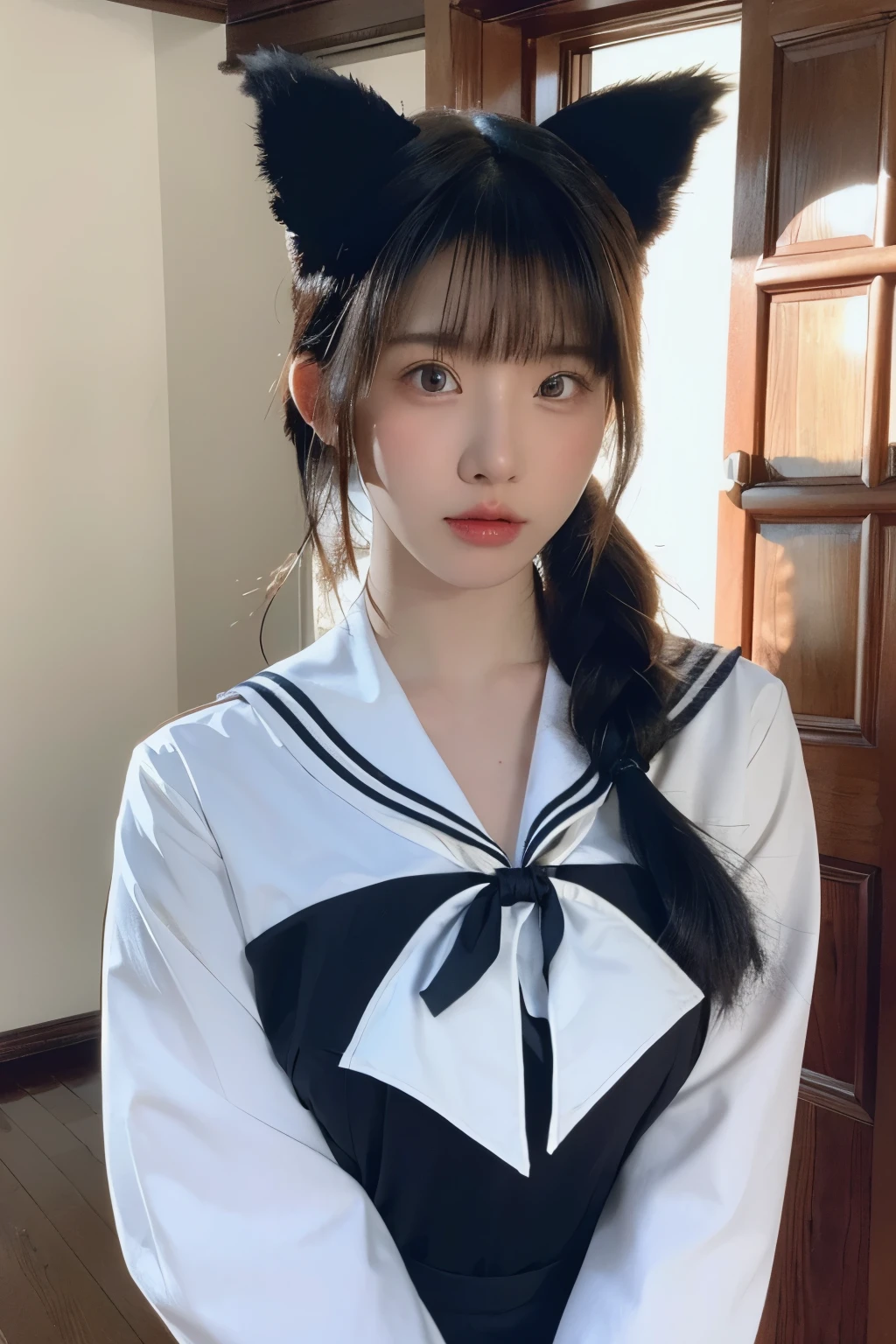 (Highest quality、8k、32K、Masterpiece: 1.2)、(High resolution)、(8k)、(High resolution)、 young woman、Short black hair、Sailor suit、Blue ribbon、Cat ear hair accessory、Cute expression、Pink blush、Brown eyes、White skin、Bright lighting、Shooting indoors、Background is blurred、Realistic depiction、Detailed Background、Natural pose、A well-balanced depiction of light and shadow。