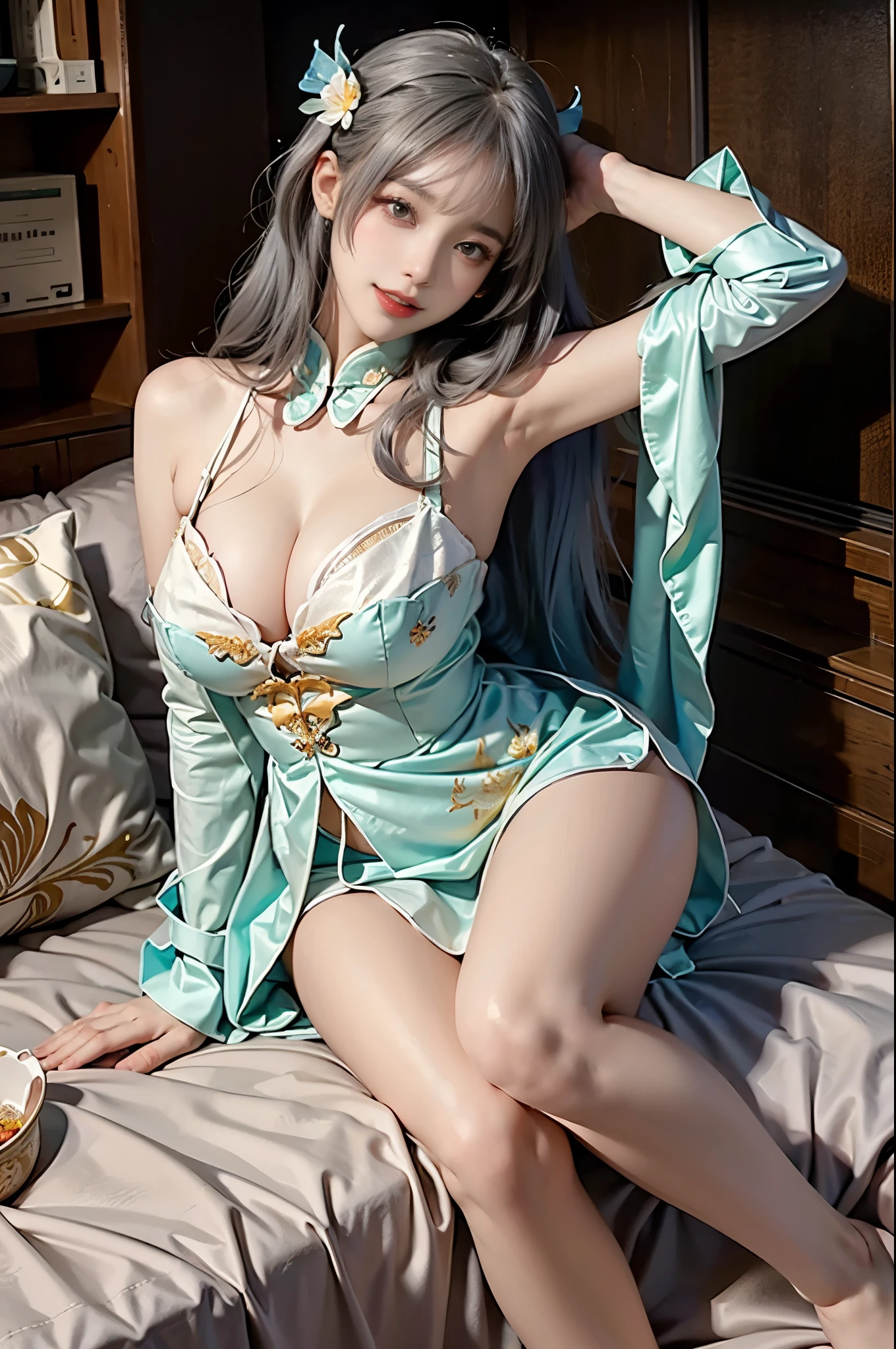 (best quality, masterpiece:1.2), tianfeng1, tutuzz, Extremely detailed, (Practical:1.37), beautiful, youth, Glamorous model, Warm colors, ((A full body perspective,Naturally bent knees,Skin is firm and smooth)), ((In the old-fashioned room,Sitting on a low bed,Lean back,Support your body with your elbows)), ((Elegant and natural posture)), (big eyes, Delicate eyes, Delicate lips, Delicate eyes), Available in white with floral pattern, Show a bright smile, fit, Full breasts, ((Big breasts)), Long legs, Create a stunning picture of a girl enjoying her sleep