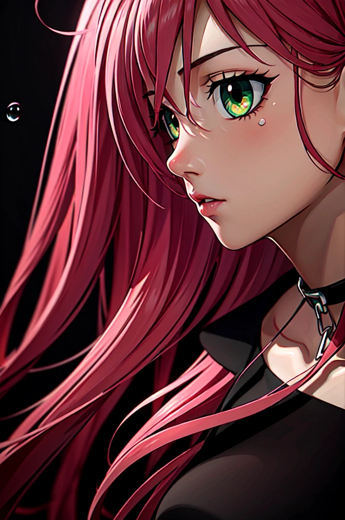 (Abstract art:1.4), masterpiece, Highest quality, Ultra-high resolution, beautiful, Visually stunning, elegant, Amazing details, Dark Art, (Dark Red Theme:1.3), Award-winning paintings, One girl, Bleeding, Rain of blood, dark, Depressing, View your viewers, Side view, beautiful girl, pink hair, green eyes