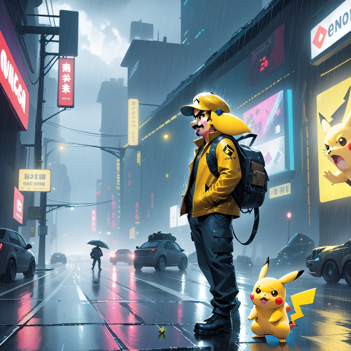 Concept Art Cyberpunk Theme, Evil Mario as a grown man, Hunting Pikachu on a rainy road. Pikachu is frightened. . Digital Art, Descriptive, Picturesque, Matte Paint, Very detailed