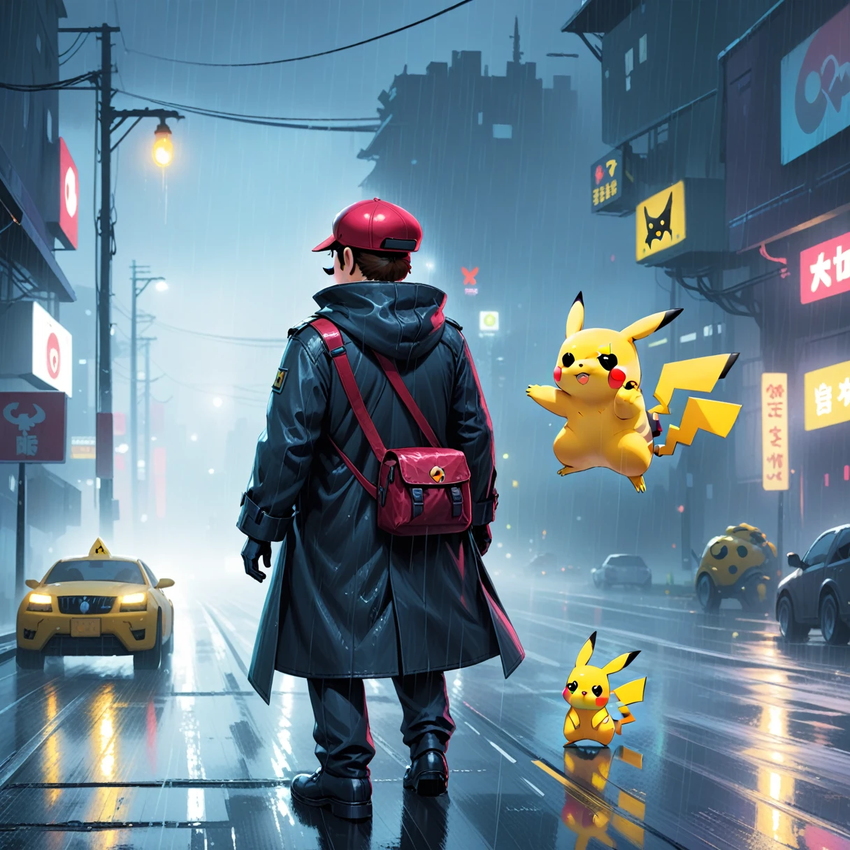 Concept Art Cyberpunk Theme, Evil Mario as a grown man, Hunting Pikachu on a rainy road. Pikachu is frightened. . Digital Art, Descriptive, Picturesque, Matte Paint, Very detailed