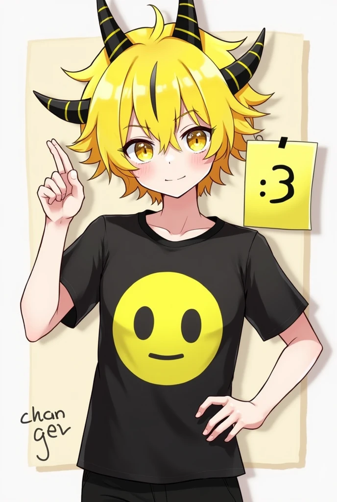 Genre:male'yellow hair,with a yellow paper with a face of :3,with horns and a black line in the hair,black short sleeve shirt with a yellow face of :3,Black pants