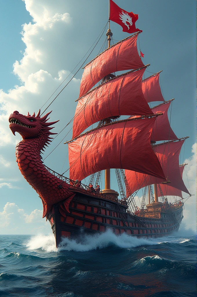 A big ship made out of red dragon scales with a logo on its flag with dragon head at its figurehead