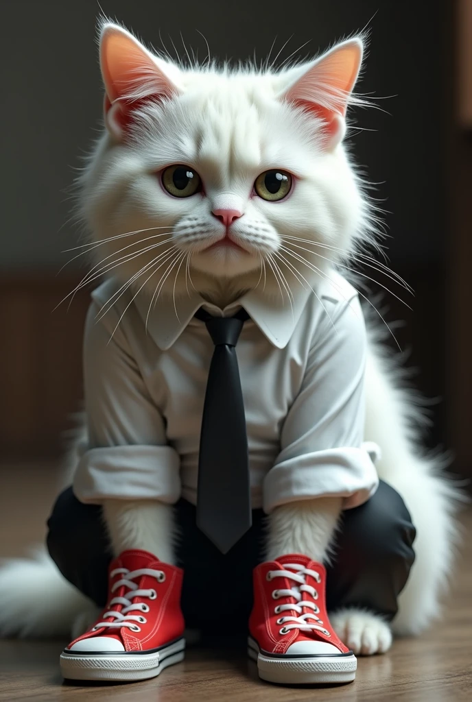 Spawns a white cat with black eyes, white shirt with sleeves rolled up, tie, black pants and red sneakers, realista porfavor y que este sitting in cat pose, sitting in cat pose!!! Let it be hairier too, that it is a serious, adult, hairy cat