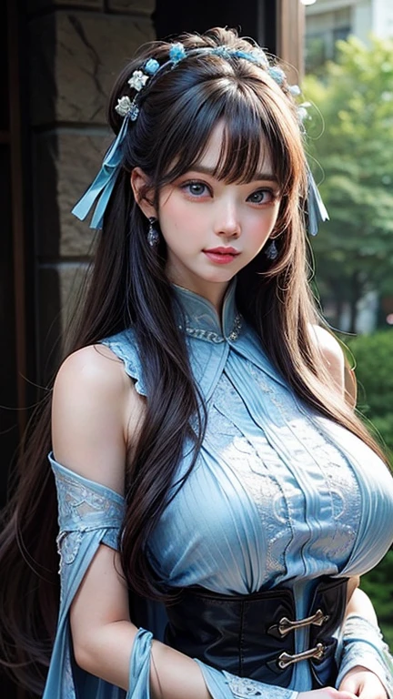 (masterpiece, Top quality, best quality, Official Art, beautiful and aesthetic:1.2), 1 Girl, extreme detailed, Rea, Light blue long hair, Emo, blue Eye, (Abstract, Fractal Art:1.3), highest detailed, detailed_Eye, Light_particle, Hanfu, Jewelry, Sexy, 蓝色Light芒, Huge breasts, Slim waist, Upper Body,Mizuki_Forest