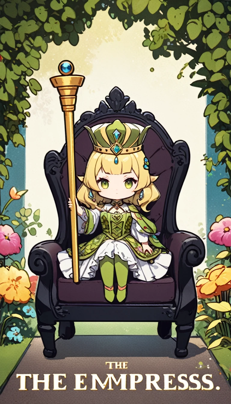 ultra-small deformation, Chibi Cute, 1girl, solo, full body, "THE EMPRESS" text, tarot card style, In a garden, a girl wearing a gorgeous dress is sitting on a soft sofa-like seat, holding a golden cane in her hand.