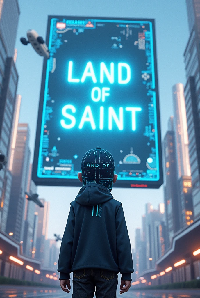 boy with a cap standing behind the billboard billboard says land of saint make it futuristic