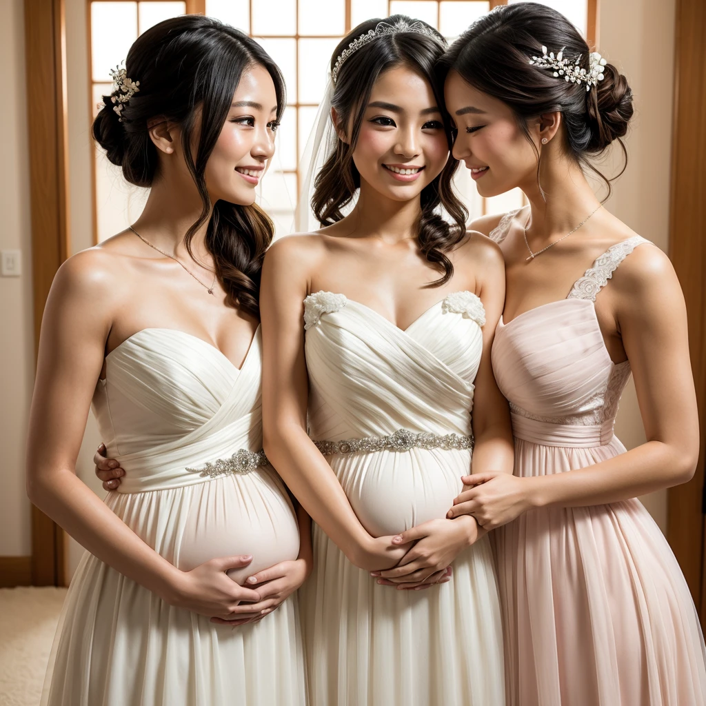 Four beautiful Japanese girls in wedding dresses hugging each other、Hair tied、Looking at this, while they are pregnant