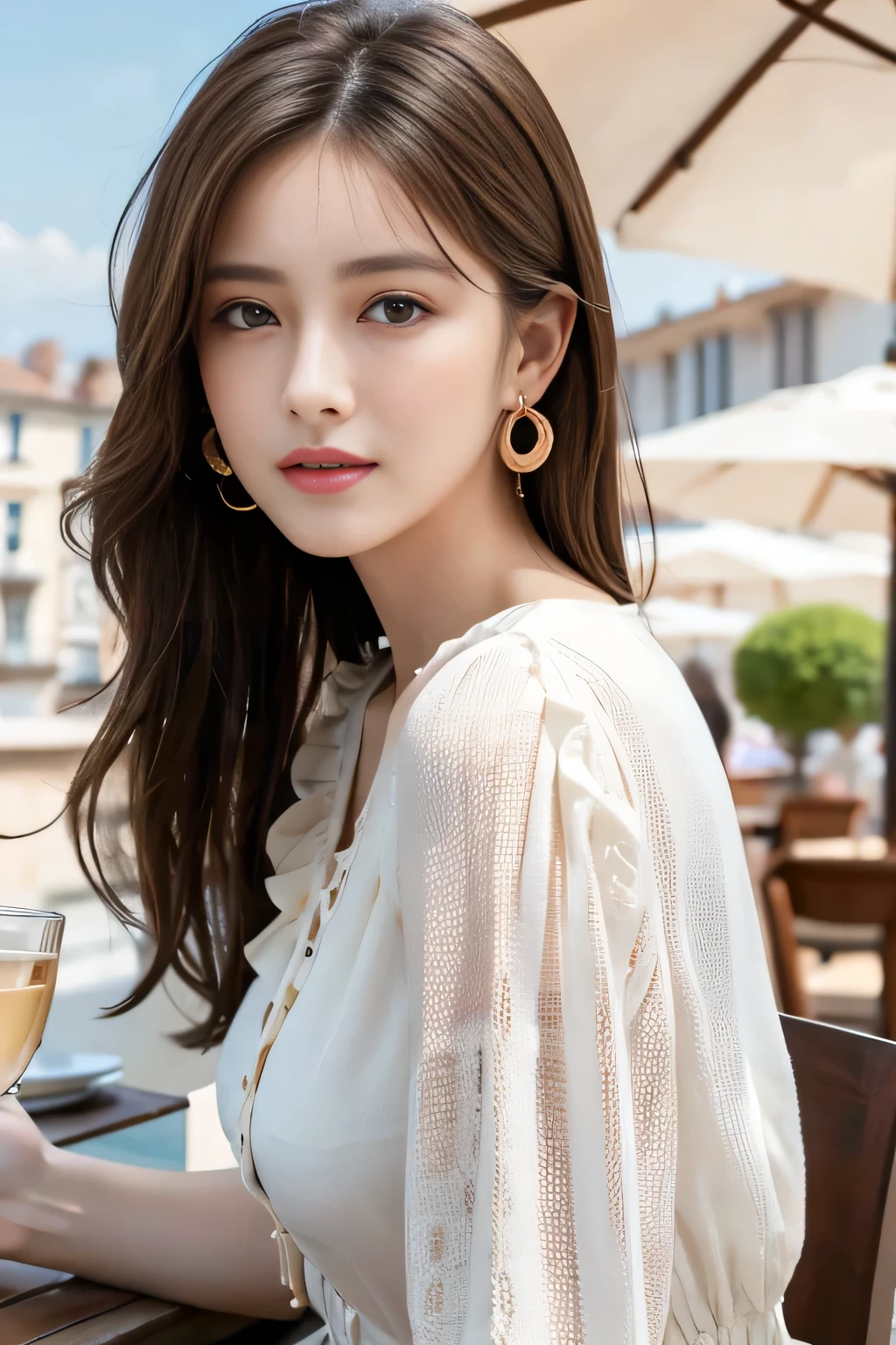 masterpiece, Highest quality, Realistic, Very detailed, Finer details, High resolution, 8k wallpaper, One beautiful woman,Wear a nice blouse, On the terrace of a lovely cafe, at noon, Light brown messy hair, Perfect dynamic composition, Beautiful and beautiful eyes、Big earrings、