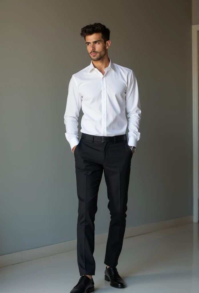 arafed man in a white shirt and black pants standing in a room, tailored clothes, grey pants and black dress shoes, high fashion masculine appeal, Formal dress, Slim man with white skin, dark hair, handsome male, male proportions, beautiful and elegant, black suit pants, male model, model posing, with a business suit on, beautiful and attractive