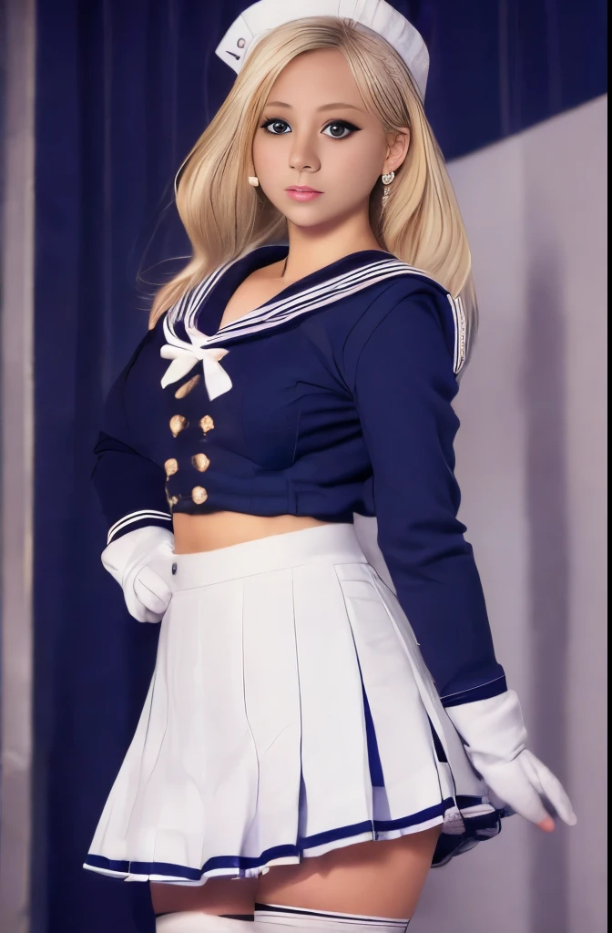 Close up, 1 girl, sailor,, (sailor chiseki uniform:1.2), (aqua eyes:0.9), blonde hair, medium hair, wedge skirt, best quality, earrings, masterpiece, high resolution, intricate details, (realistic)), photography, (white elbow gloves:1.1), jewelry, medium breasts, full body, dynamic background, dynamic pose, white