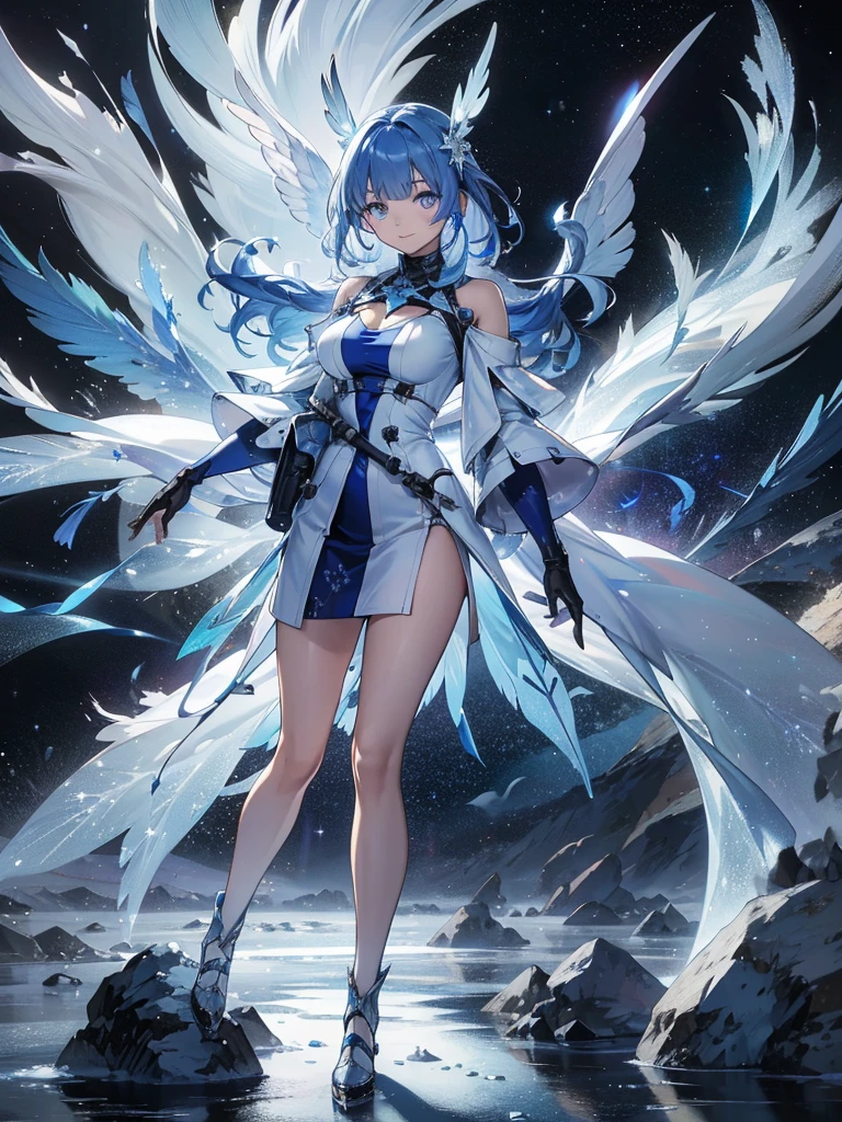 (High resolution, Vibrant colors), Blue Bird Alien, Fine feathers, Sparkling eyes, Exotic Landscapes, Vibrant colors, Surreal atmosphere, Glowing lights, Characteristics of the Otherworld, Complex Pattern, Dreamy landscape, Arctic Frost Ranger: The suit features icy blue and frosty white hues., Snowflake patterns and frost crystals are used as accents. This ranger wields the powers of ice and cold., Has the ability to create snowstorms, Forming ice structures for protection, Freeze enemies.