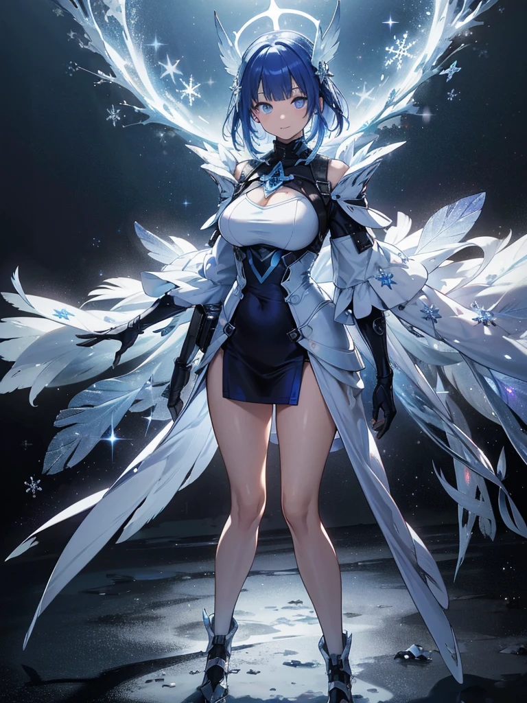 (High resolution, Vibrant colors), Blue Bird Alien, Fine feathers, Sparkling eyes, Exotic Landscapes, Vibrant colors, Surreal atmosphere, Glowing lights, Characteristics of the Otherworld, Complex Pattern, Dreamy landscape, Arctic Frost Ranger: The suit features icy blue and frosty white hues., Snowflake patterns and frost crystals are used as accents. This ranger wields the powers of ice and cold., Has the ability to create snowstorms, Forming ice structures for protection, Freeze enemies.