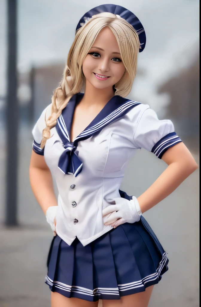 Close up, 1 girl, sailor,, (sailor chiseki uniform:1.2), (aqua eyes:0.9), blonde hair, medium hair, wedge skirt, best quality, earrings, masterpiece, high resolution, intricate details, (realistic)), photography, (white elbow gloves:1.1), jewelry, medium breasts, full body, dynamic background, dynamic pose, white
