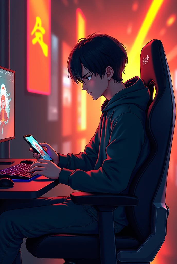 Create a male character while playing gaming in phone, sit on gaming chair ,with colour
black, orange, red, and yellow , anime faced