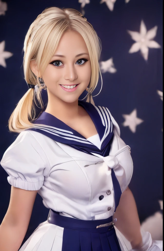 Close up, 1 girl, sailor,, (sailor chiseki uniform:1.2), (aqua eyes:0.9), blonde hair, medium hair, wedge skirt, best quality, earrings, masterpiece, high resolution, intricate details, (realistic)), photography, (white elbow gloves:1.1), jewelry, medium breasts, full body, dynamic background, dynamic pose, white