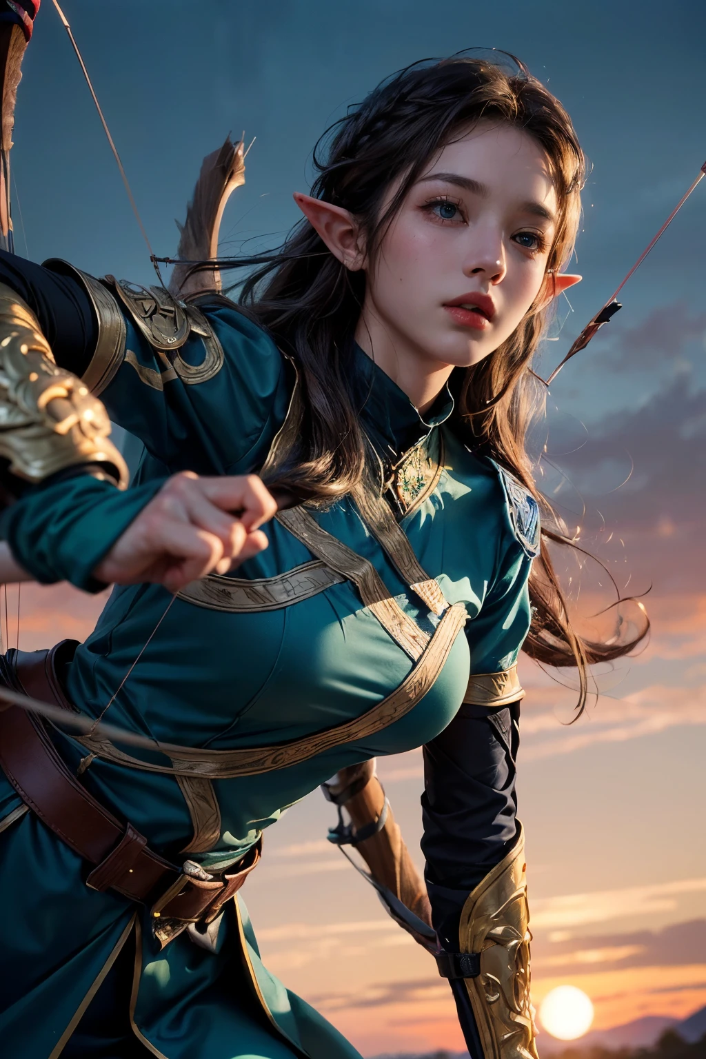 masterpiece, highest quality, so many elf archery squads on the line, very beautiful extremely detailed face and green eyes, detailed full body, detailed hair, detailed legendary (archer outfit), (low angle view), sunset evening colorful, cinematic lighting, photorealistic, 8k, hyper detailed, intricate details, (best quality), High contrast(realistic), (masterpiece)