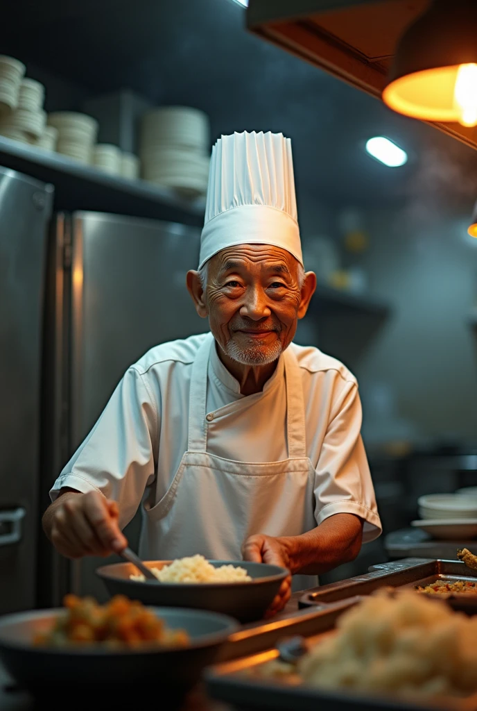Photo, Indonesian old man, chef hat, apron, kitchen, restaurant, chinese food, dryer, realistic, uhd