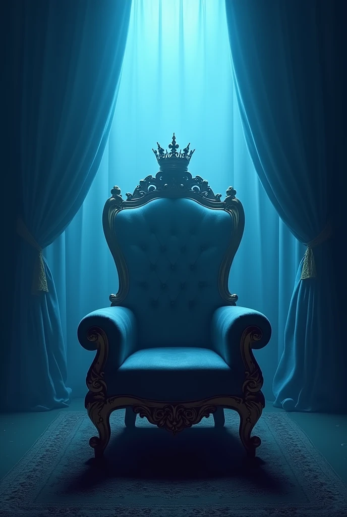 A royal chair with a crown and a blue foggy background with curtains