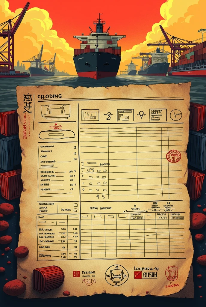 Log of port container trade and construccion colour yellow, bkack and red