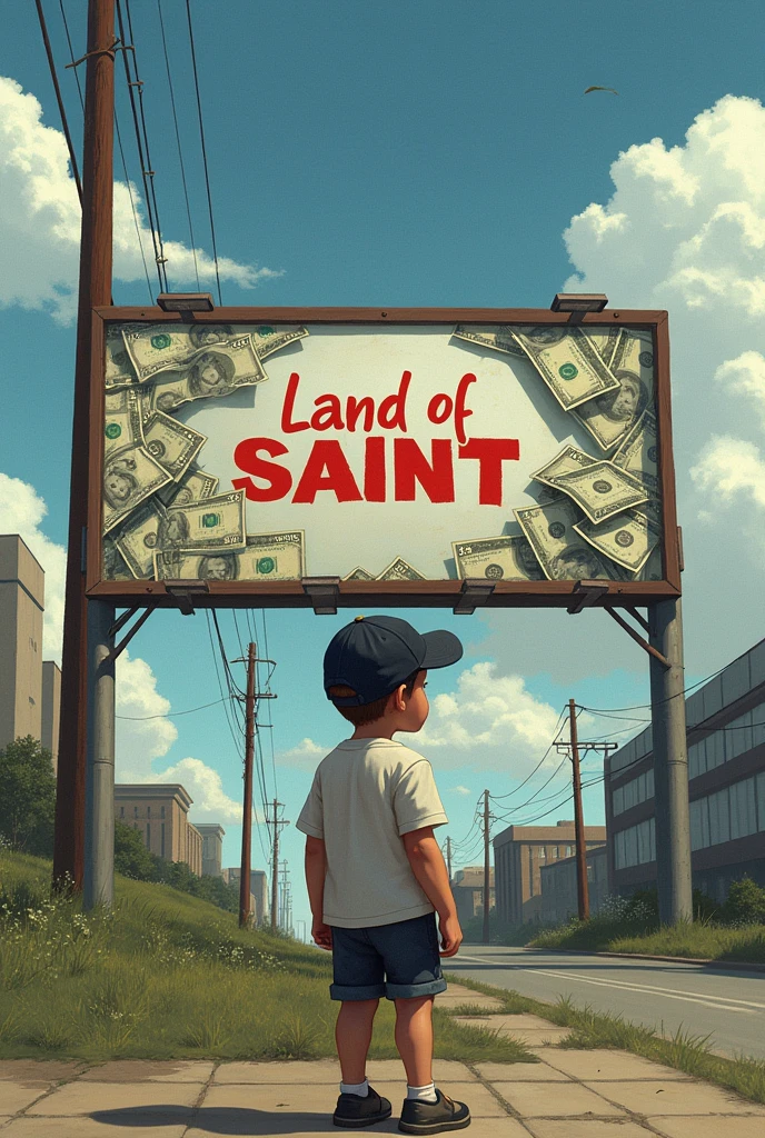 boy with a cap standing behind the billboard billboard says land of saint with dollar money
