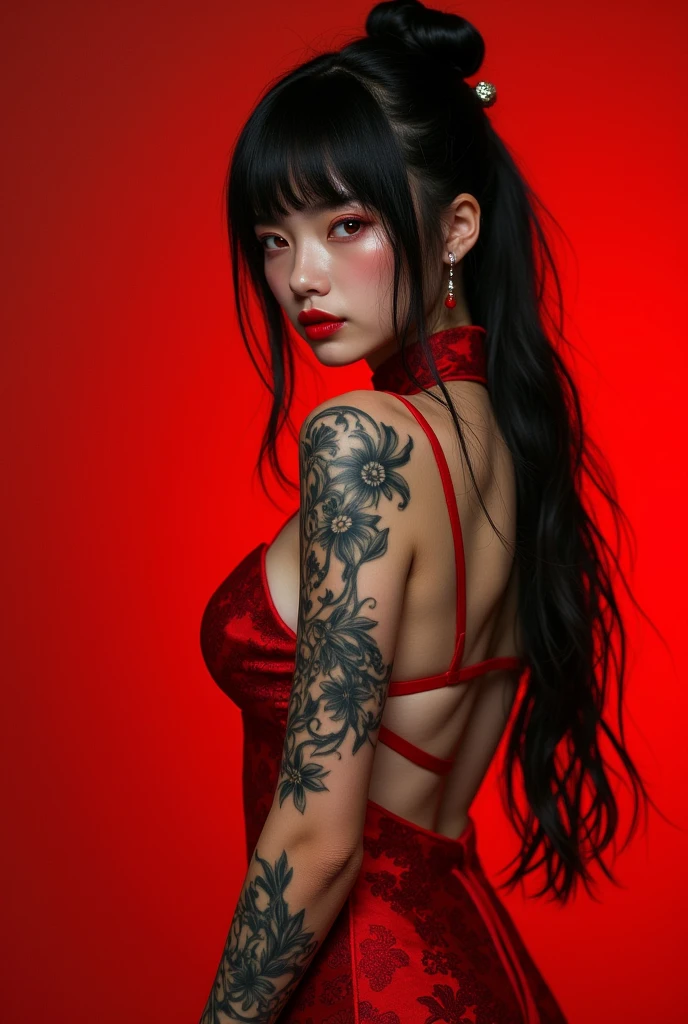 masterpiece, 1girl, solo, tattoo, natural big breast, red eyes, black hair, chinese clothes, red dress ,dress ,looking at viewer, back view, earrings, jewelry, arm tattoo, stand pose, china dress, red lips, nail polish, bangs, clothing cutout, red theme, lips, (disgust:1.3), 150mm lens, photography"