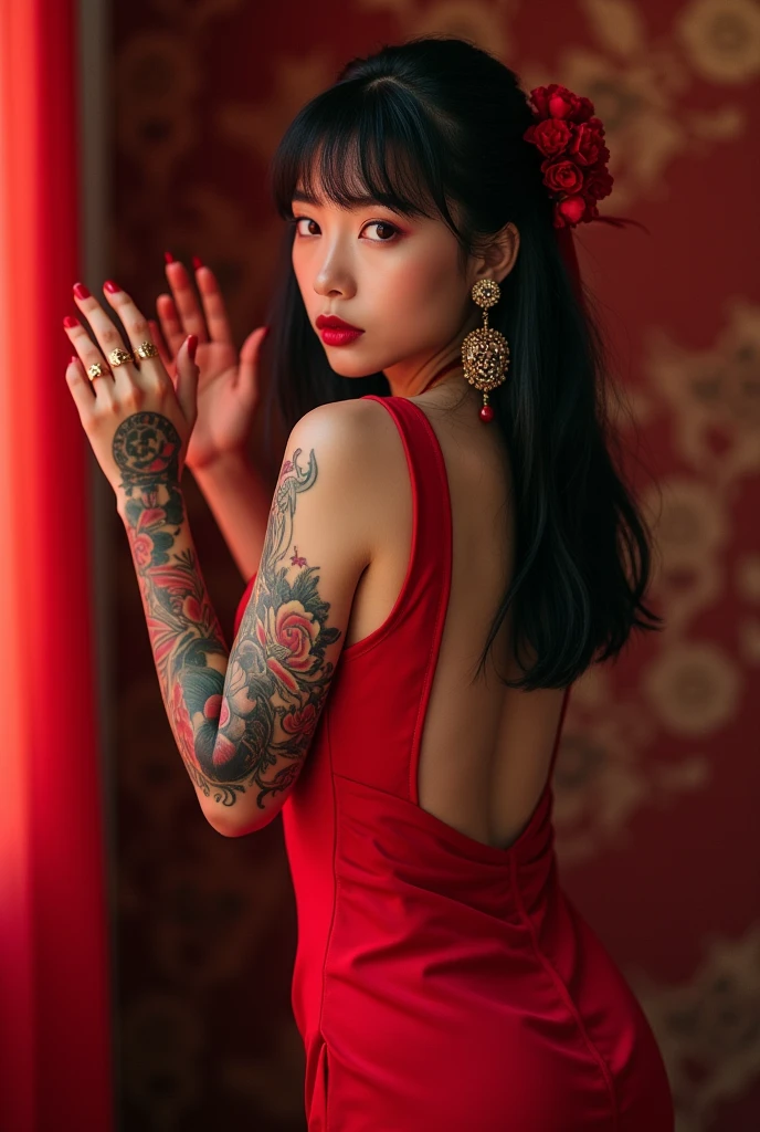 masterpiece, 1girl, solo, tattoo, natural big breast, red eyes, black hair, chinese clothes, red dress ,dress ,looking at viewer, back view, earrings, jewelry, arm tattoo, stand pose, china dress, red lips, nail polish, bangs, clothing cutout, red theme, lips, (disgust:1.3), 150mm lens, photography"